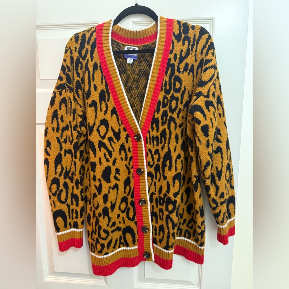 Leopard pattern and red cardigan